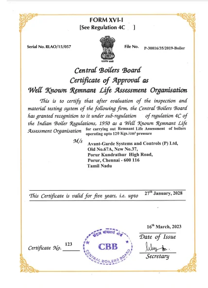 CBB certified engineering consultancy Avant Garde for boiler life assessment services