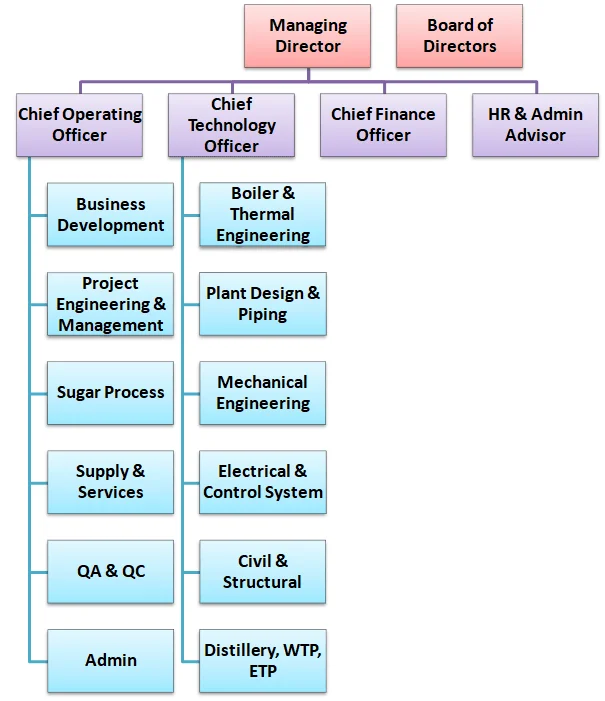 Company hierarchy diagram of Avant Garde with managing director, CTO, CFO and engineering divisions